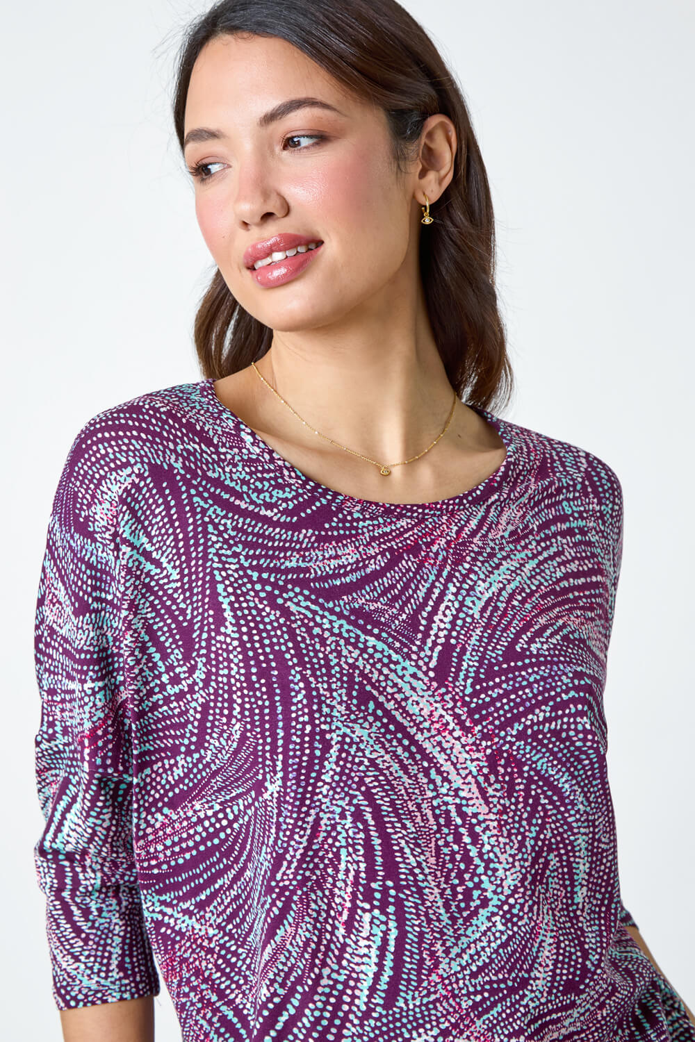 Purple Abstract Stretch Blouson Top, Image 4 of 5