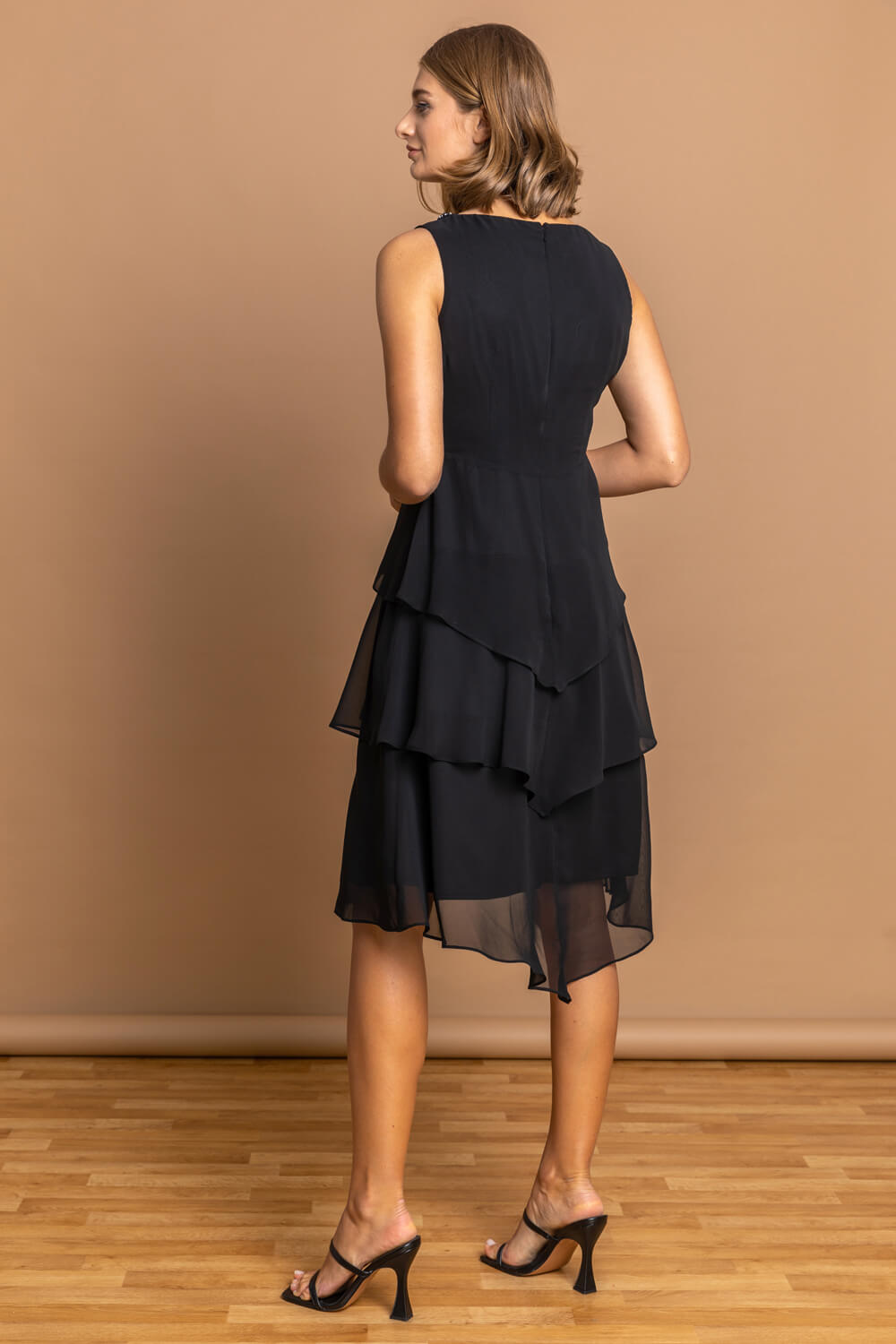 Black Tiered Embellished Neck Chiffon Dress, Image 2 of 4