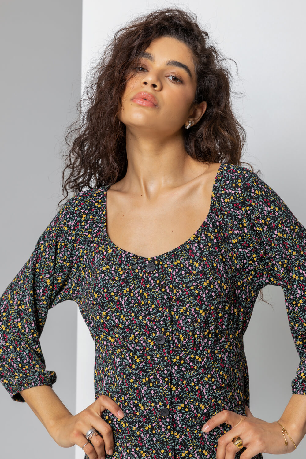 Black Ditsy Floral Print Button Dress, Image 4 of 5