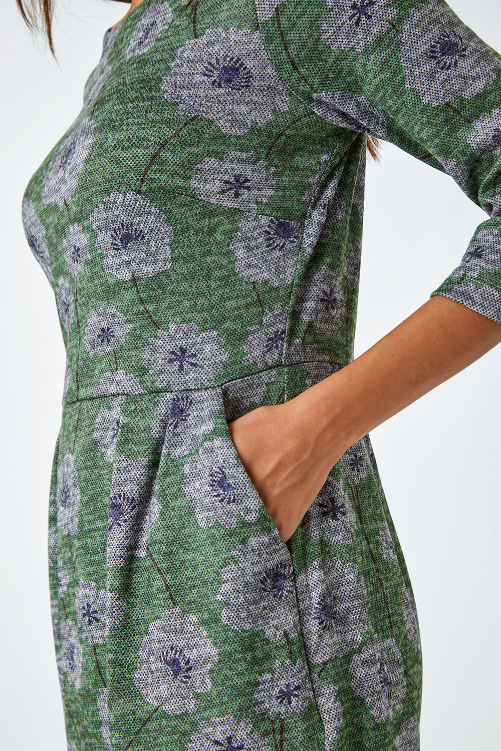 Green Floral Print Pocket Stretch Dress, Image 5 of 5