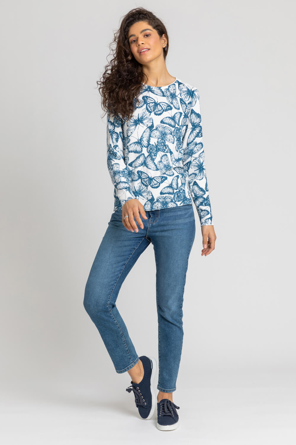 Blue Butterfly Print Crew Neck Jumper, Image 3 of 4