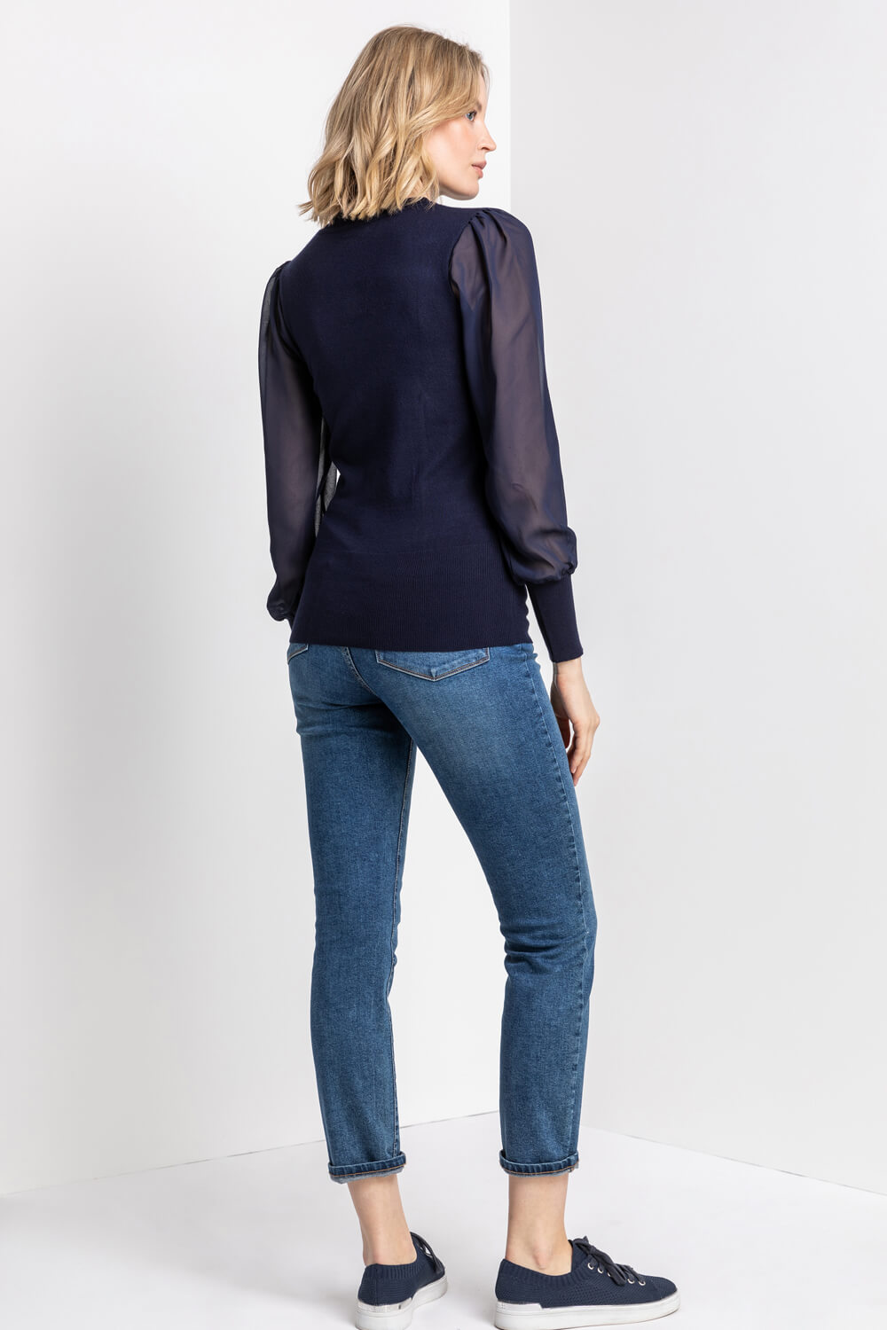 Midnight Blue Floral Embroidered Frill Neck Top, Image 2 of 5