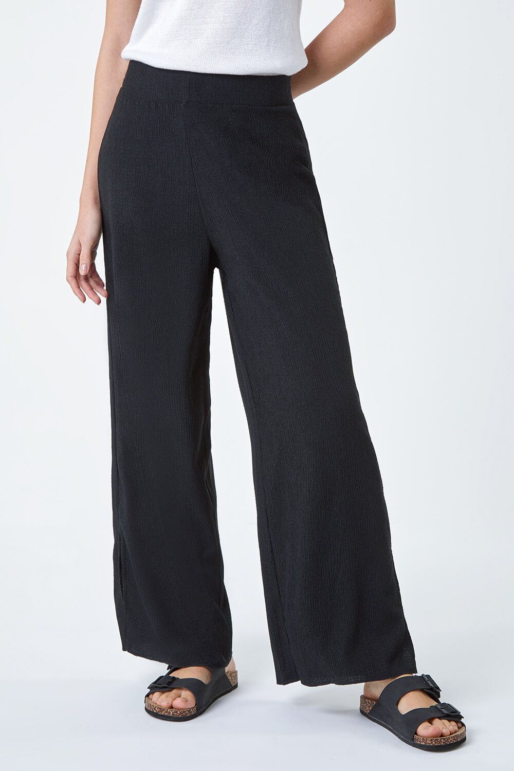Black Crinkle Side Split Stretch Trousers, Image 4 of 5