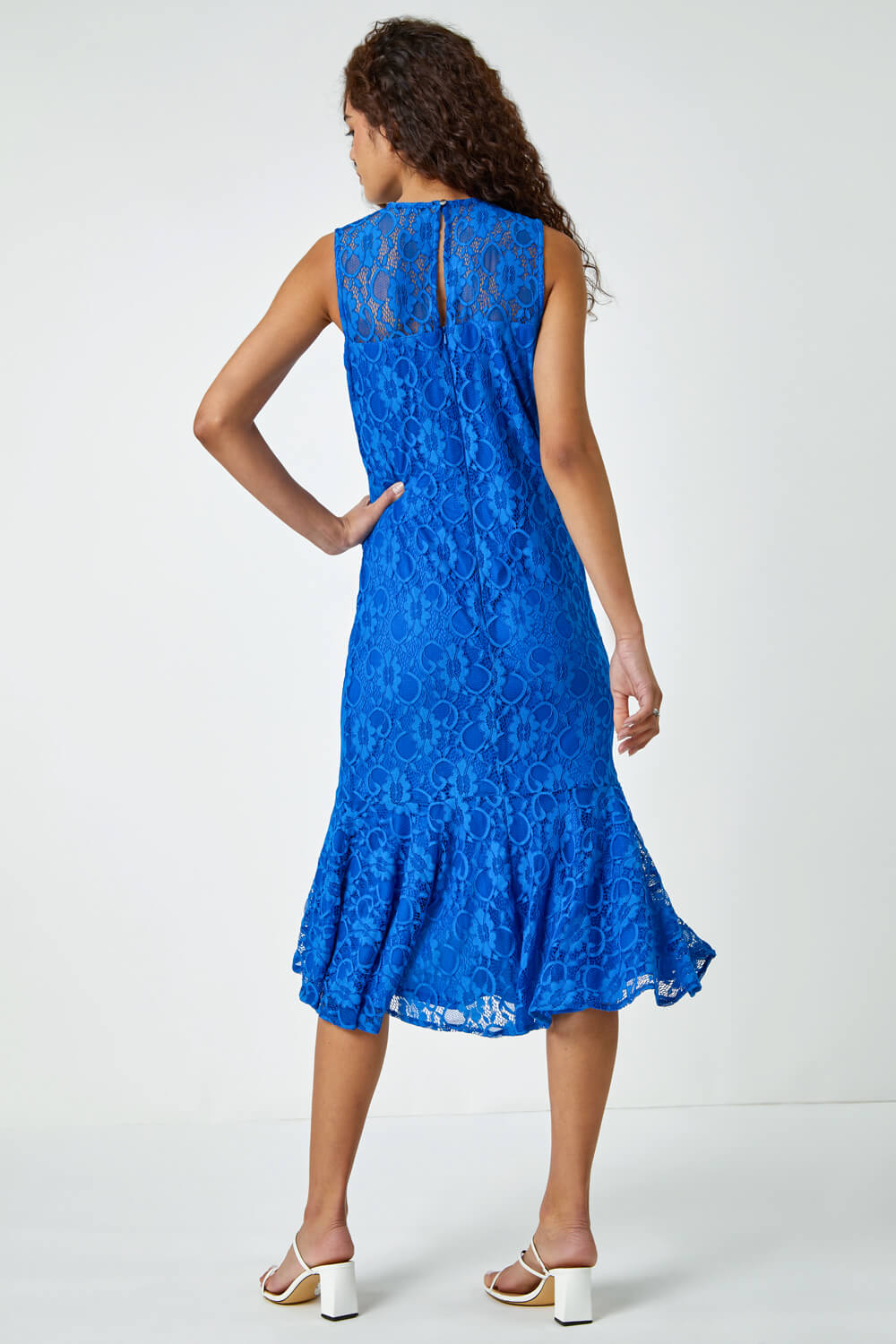 Royal Blue Sleeveless Frill Hem Lace Midi Dress , Image 3 of 5