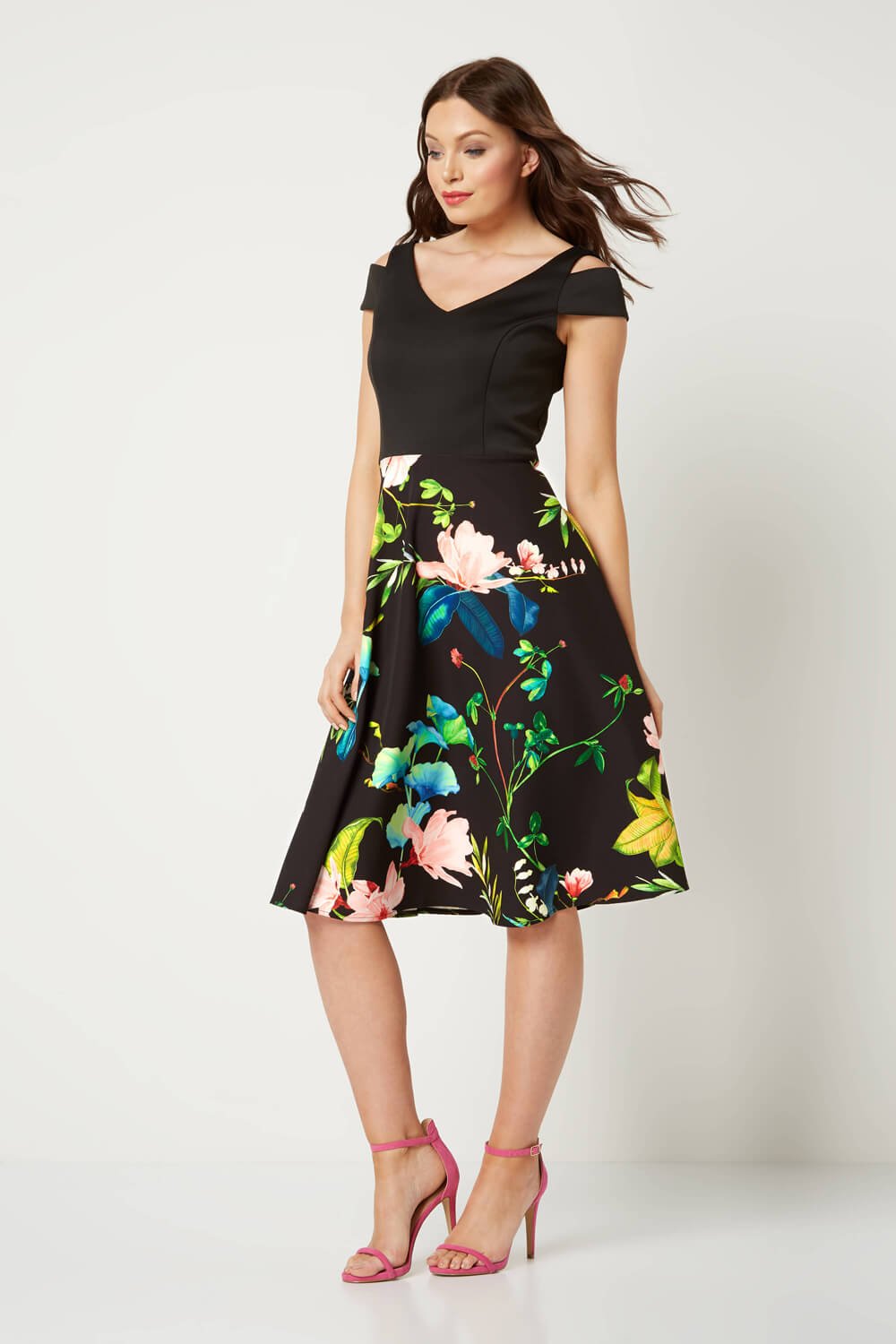 Black Floral Print Fit and Flare Scuba Dress, Image 2 of 4