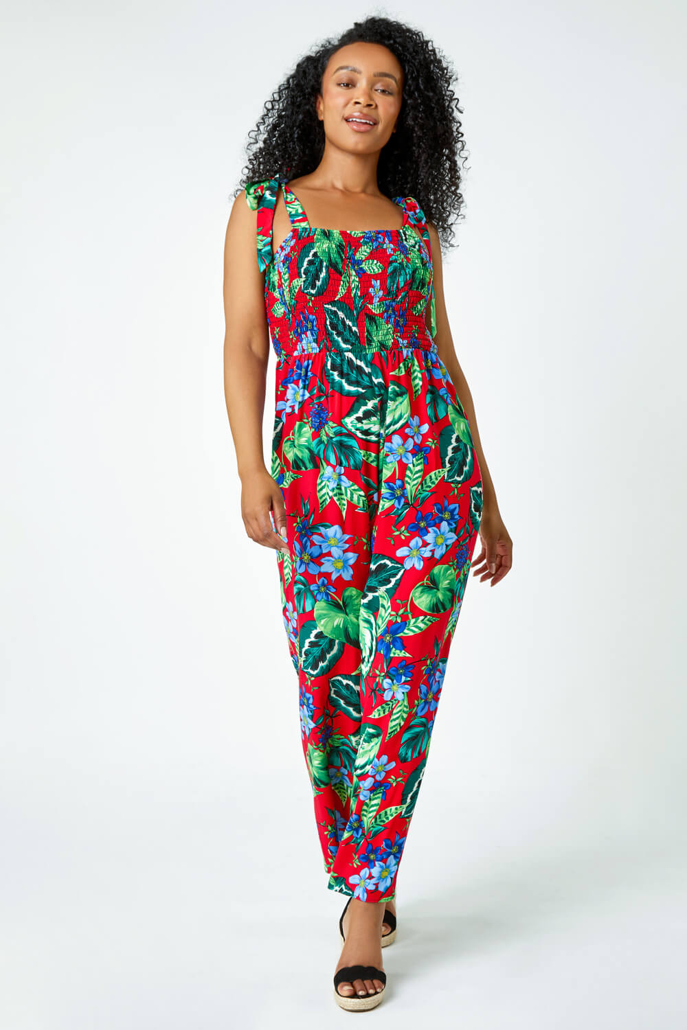 Red Petite Tropical Shirred Stretch Jumpsuit, Image 3 of 5