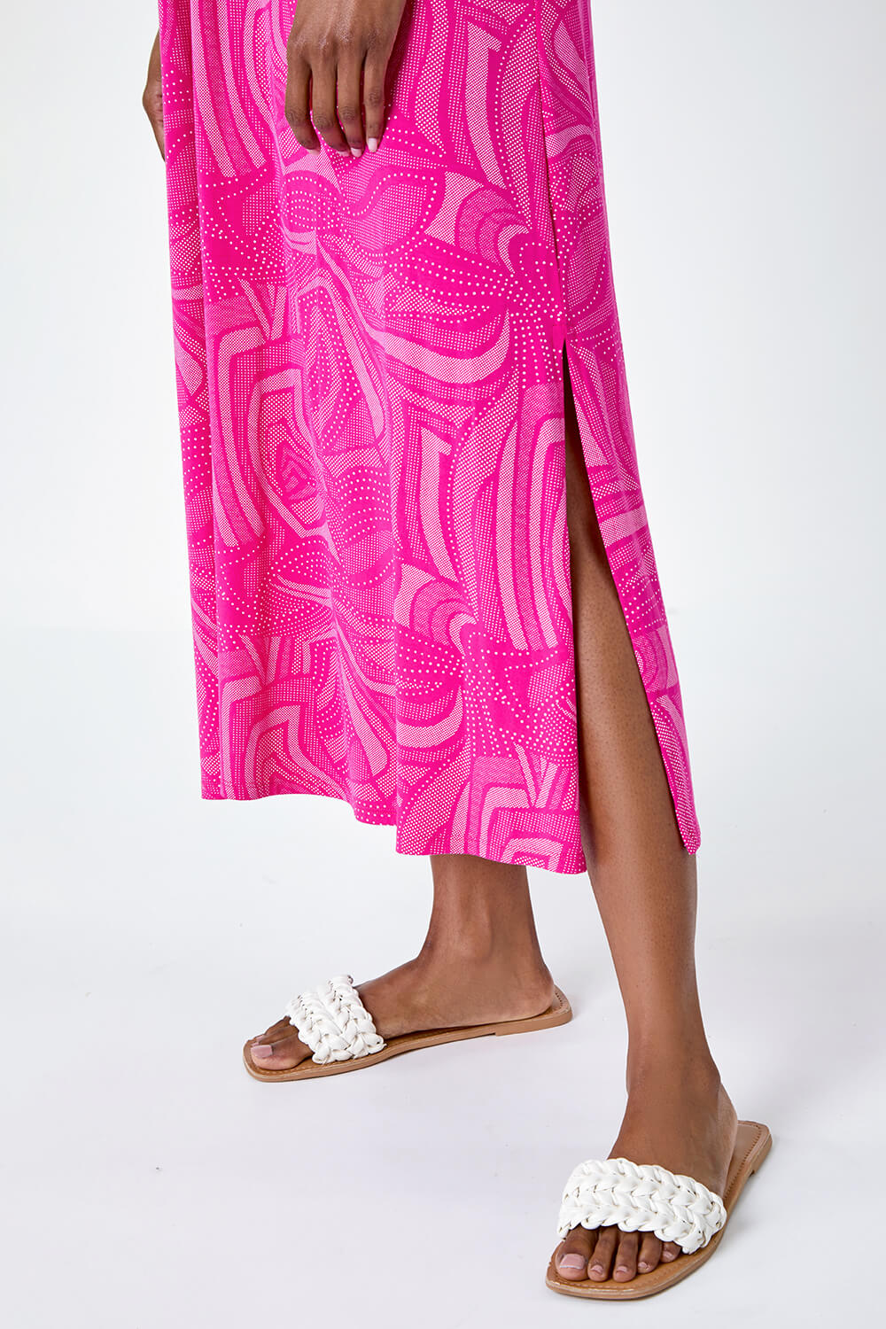 Fuchsia Abstract Stretch Jersey Pocket Midi Dress, Image 5 of 5