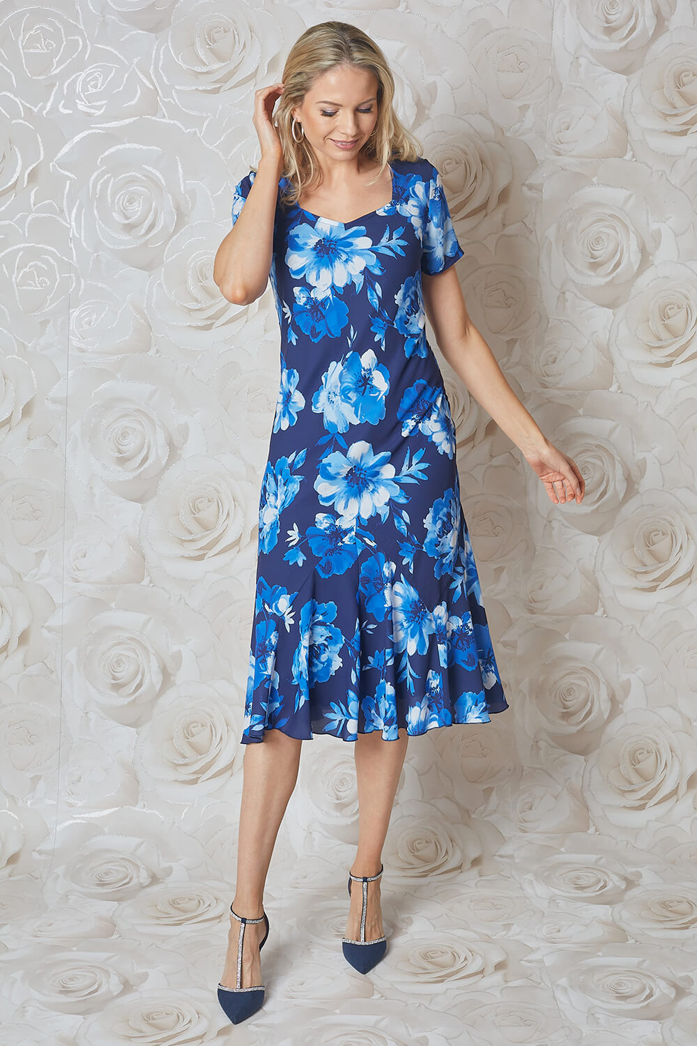 Royal Blue Julianna Floral Bias Cut Midi Dress, Image 3 of 4