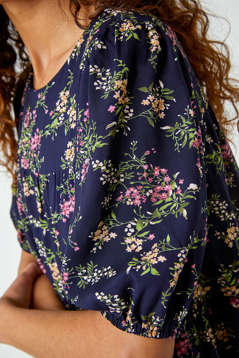 Navy  Ditsy Floral Print Puff Sleeve Top, Image 5 of 5