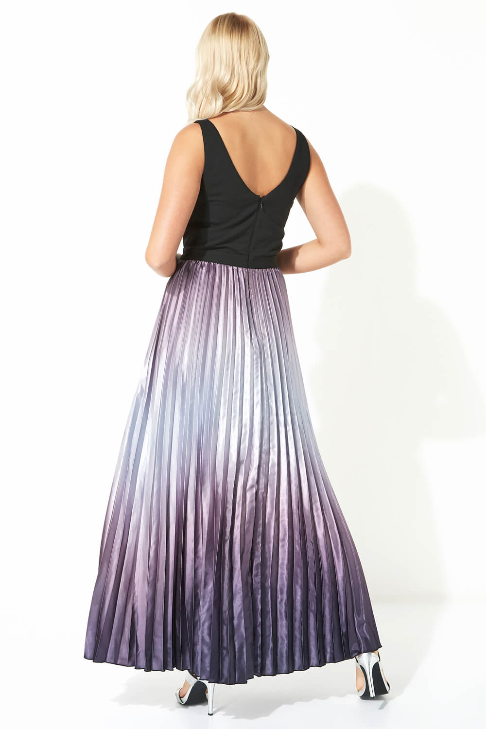 Purple Ombre Satin Pleated Maxi Dress, Image 3 of 5