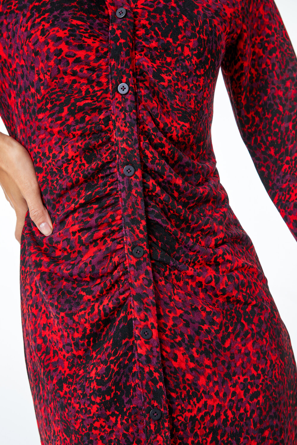 Red Ruched Front Stretch Leopard Print Dress, Image 5 of 5