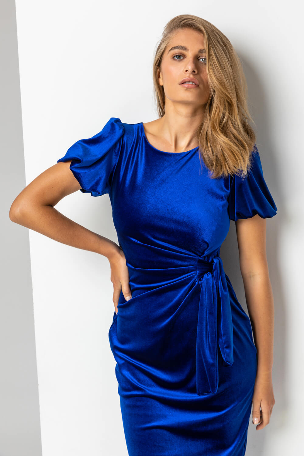 Velvet Bubble Sleeve Midi Dress in Royal Blue - Roman Originals UK