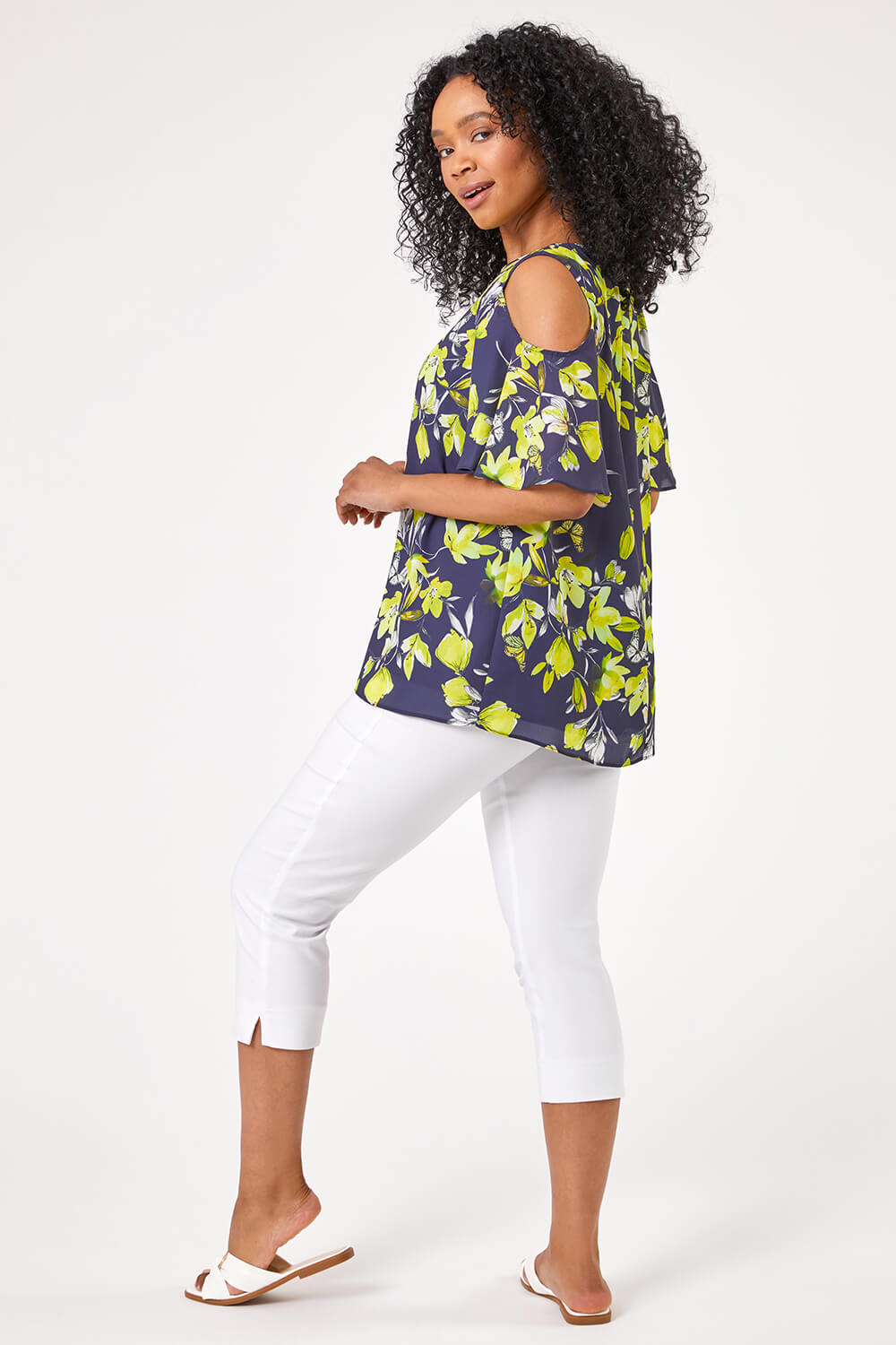 Navy  Petite Floral Print Cold Shoulder Chiffon Top, Image 2 of 4