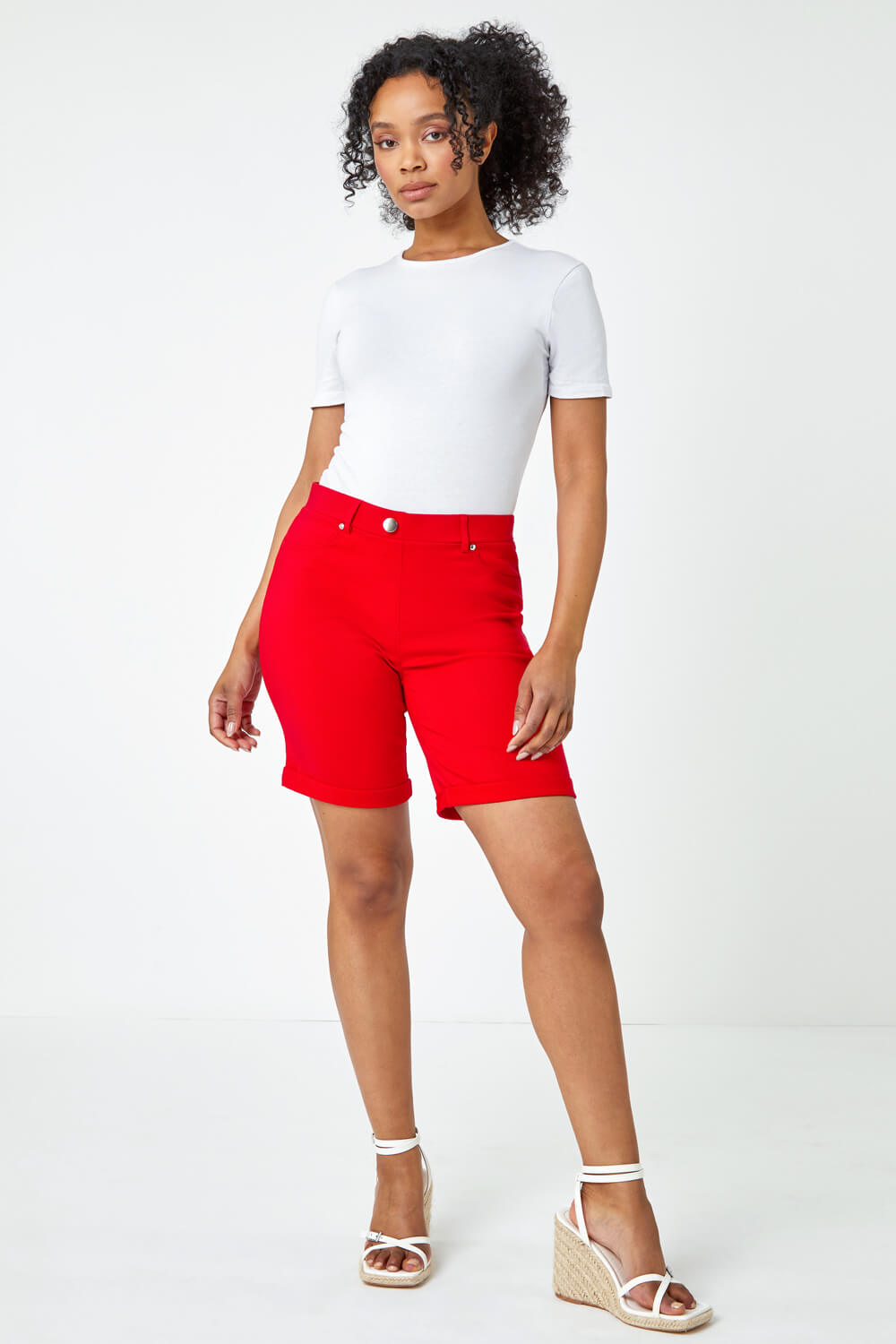 Red Petite Turned Hem Stretch Shorts, Image 2 of 5