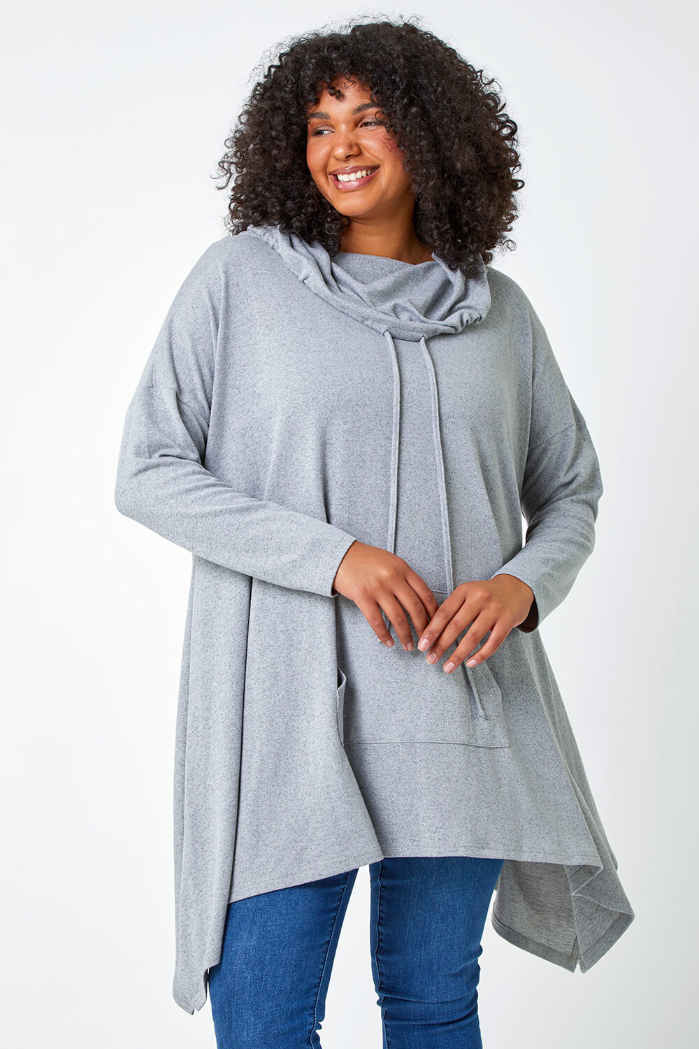 Grey Curve Cowl Neck Relaxed Stretch Top, Image 4 of 5