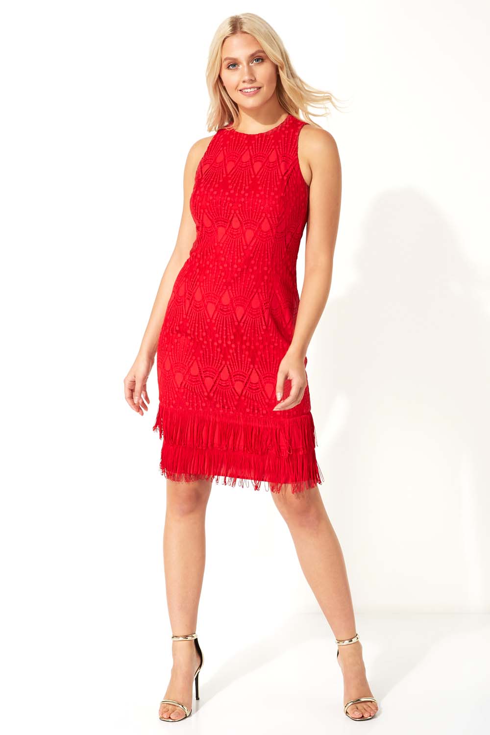 Red Lace Tassel Sleeveless Flapper Dress, Image 2 of 5