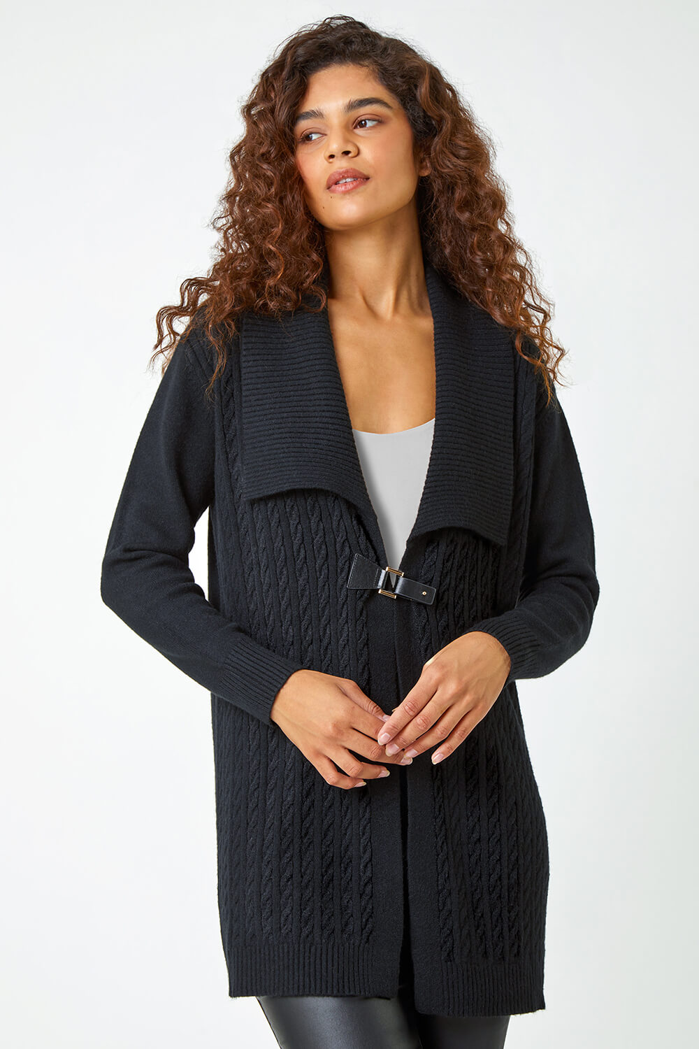 Longline Collared Cable Knit Cardigan