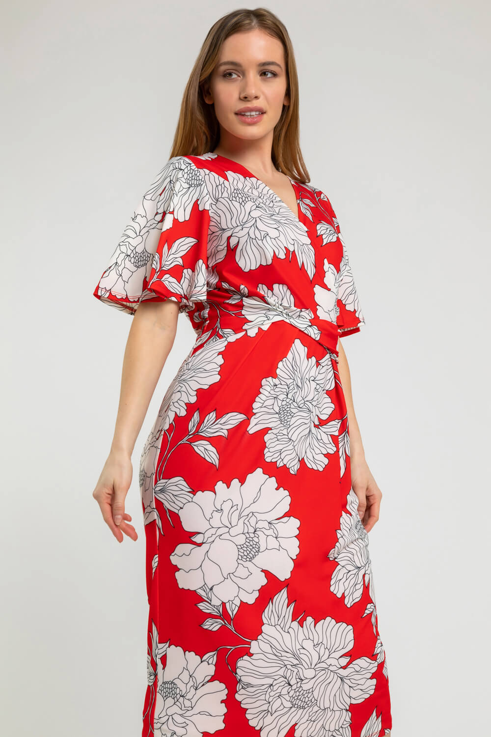 Petite Floral Ruched Wrap Dress in Red - Roman Originals UK