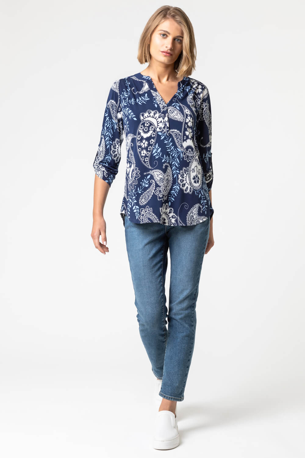 Blue Paisley Puff Print Notch Neck Top, Image 3 of 4