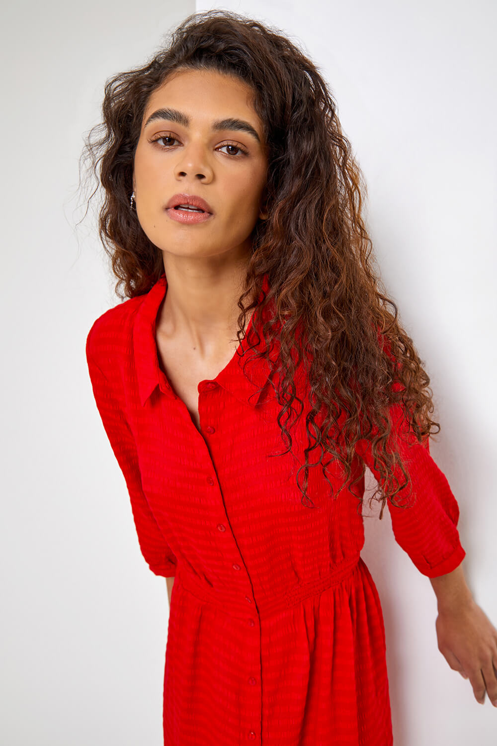 Red Textured Midi Shirt Dress, Image 4 of 5