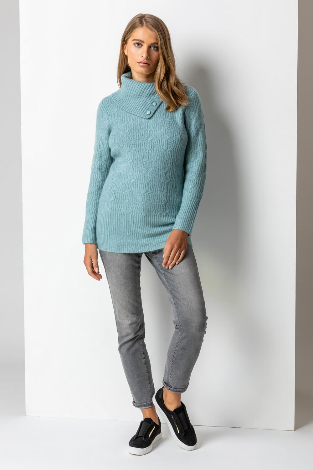 Steel Blue Cable Knit High Neck Jumper, Image 3 of 5
