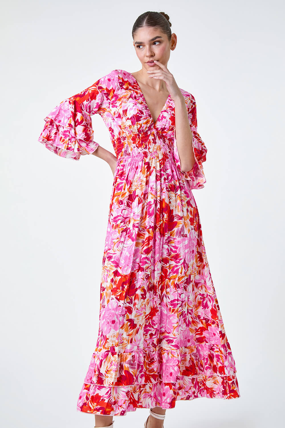 PINK Floral Ruffle Detail Shirred Maxi Dress, Image 2 of 5