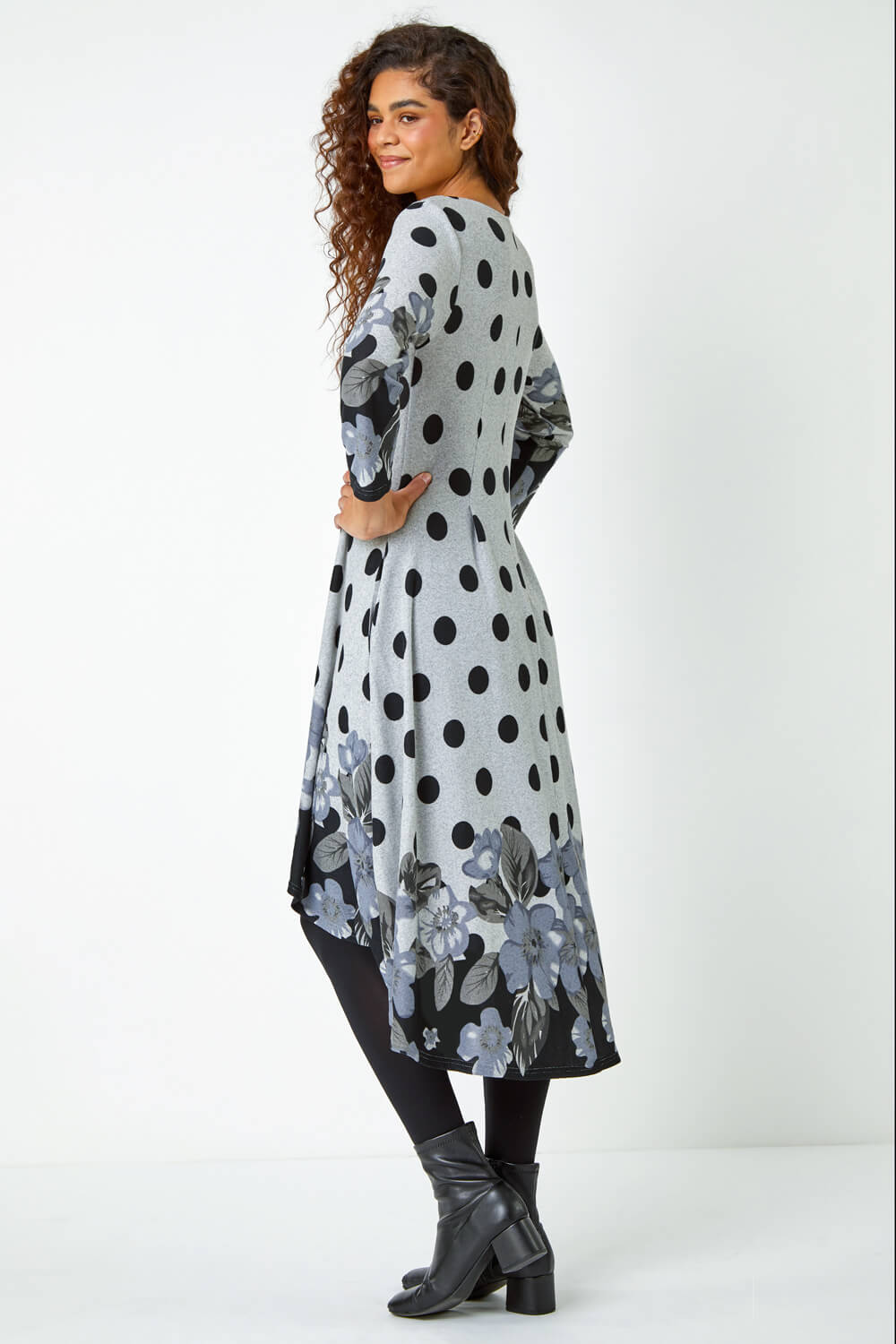Grey Floral Spot Border Print Stretch Dress, Image 3 of 5