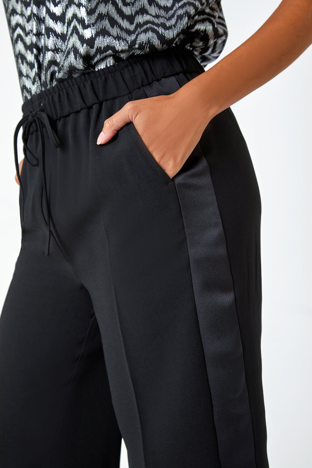 Black Satin Stripe Stretch Wide Leg Trousers, Image 5 of 5
