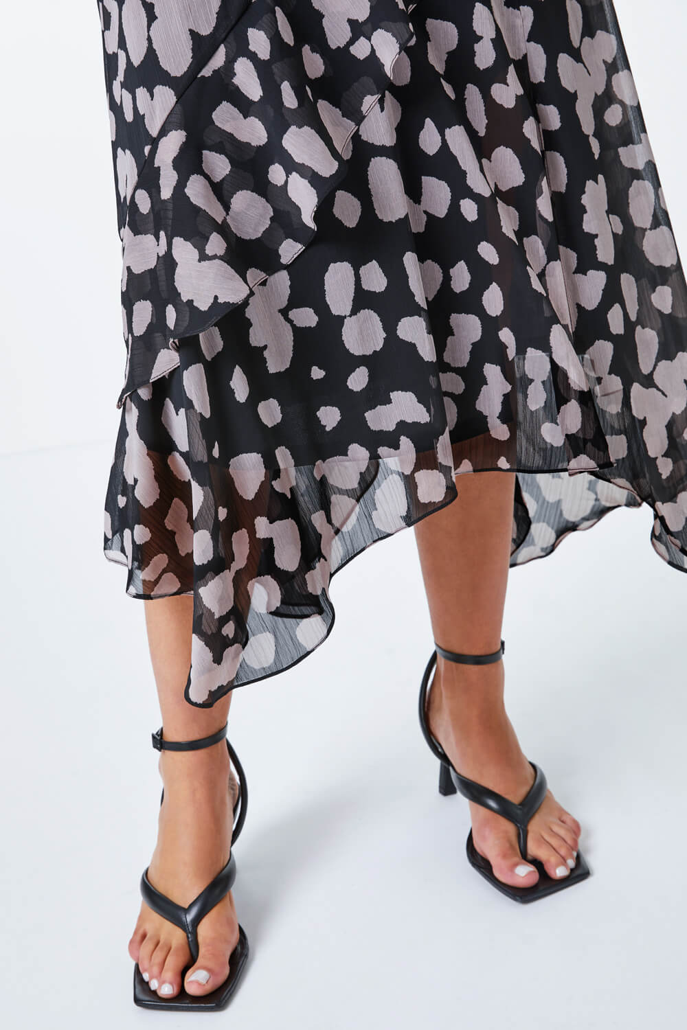 Abstract Spot Frill Detail Midi Dress in Black - Roman Originals UK