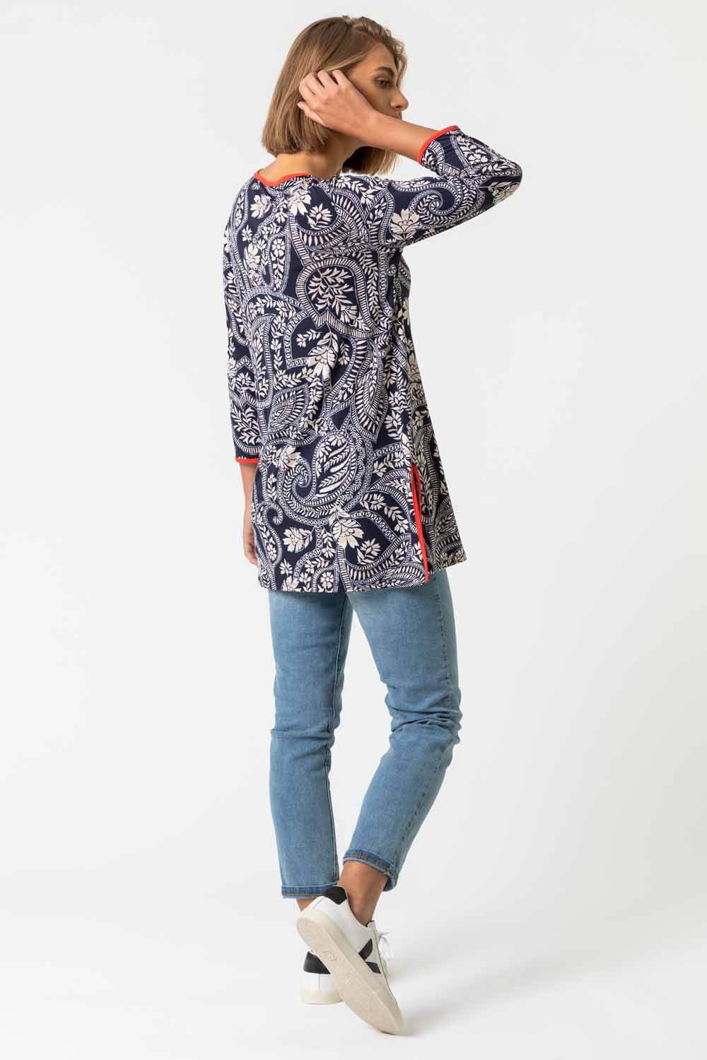 Navy  Paisley Print Contrast Trim Tunic Top, Image 2 of 4