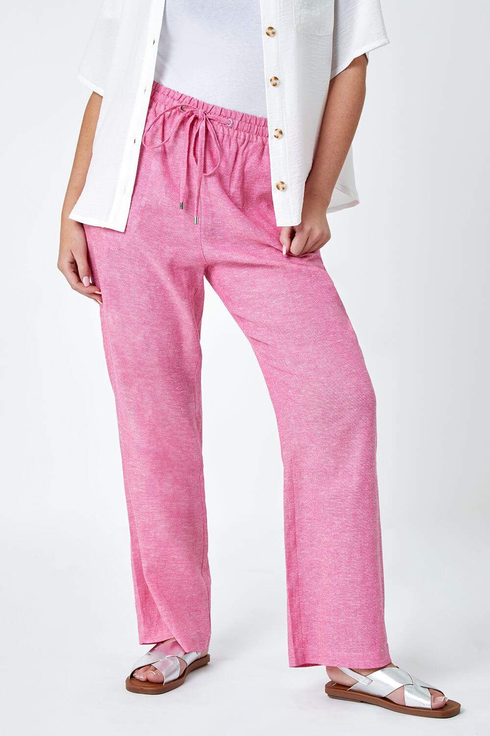 PINK Petite Linen Mix Wide Leg Trousers, Image 4 of 5