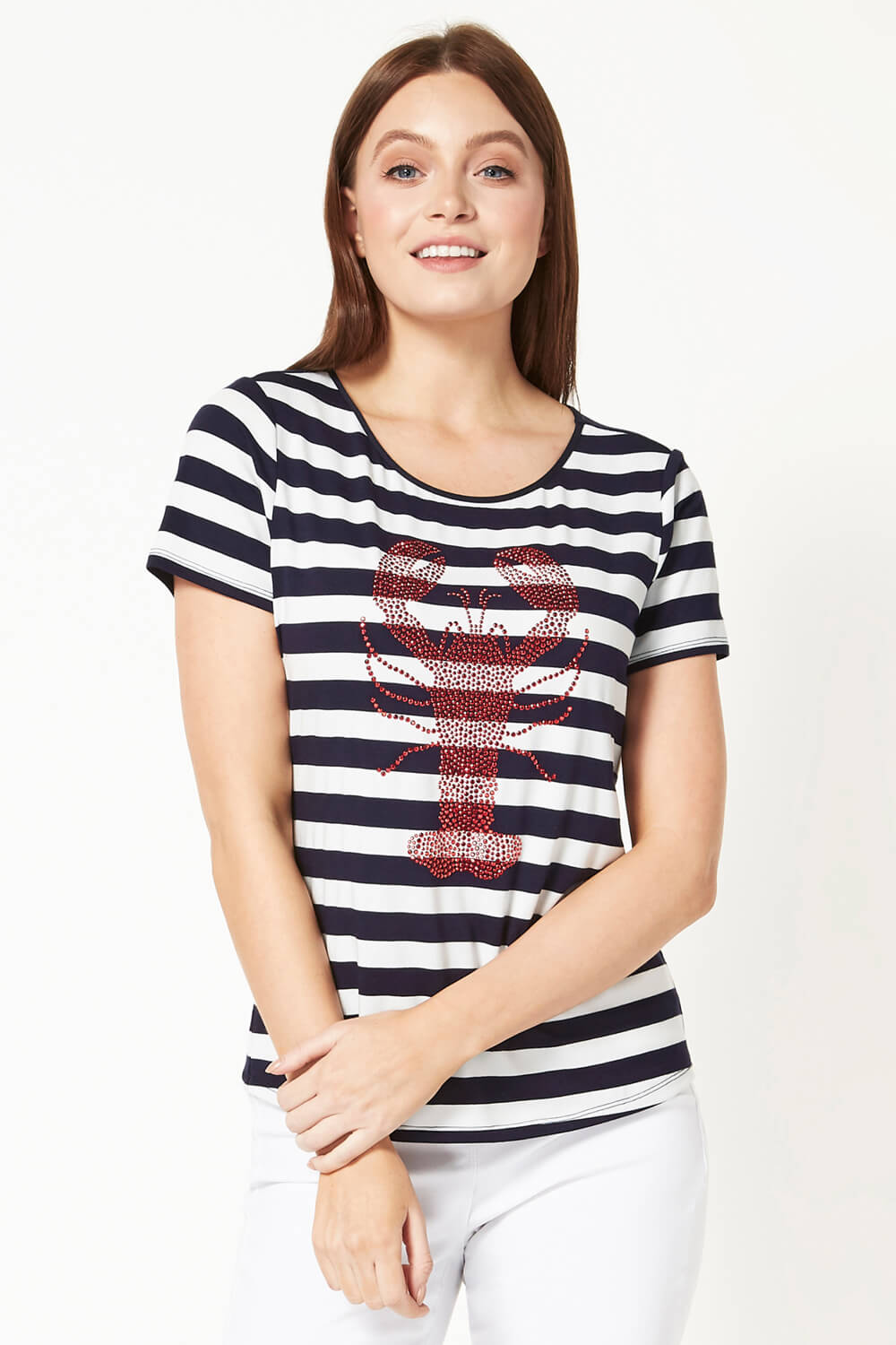 Lobster Stripe Print T-Shirt in Navy - Roman Originals UK
