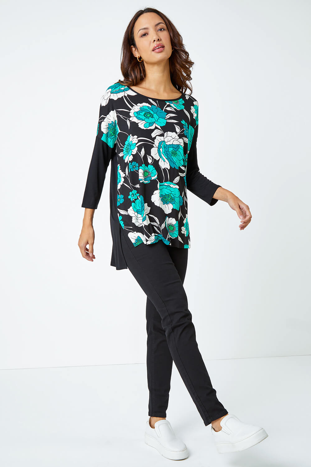 Green Contrast Sleeve Floral Print Top, Image 2 of 4