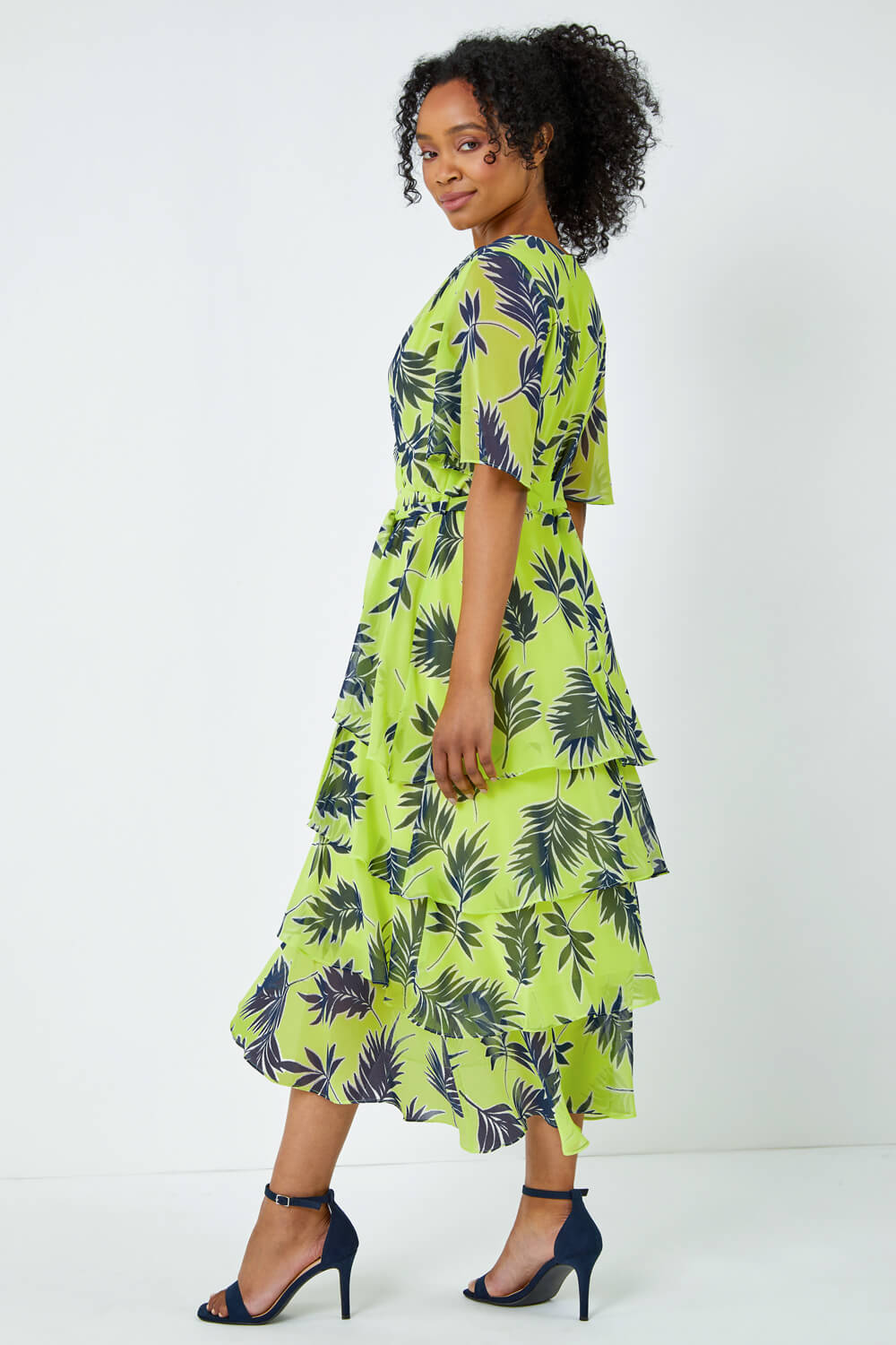 Lime Petite Tropical Chiffon Tiered Midi Dress, Image 3 of 5