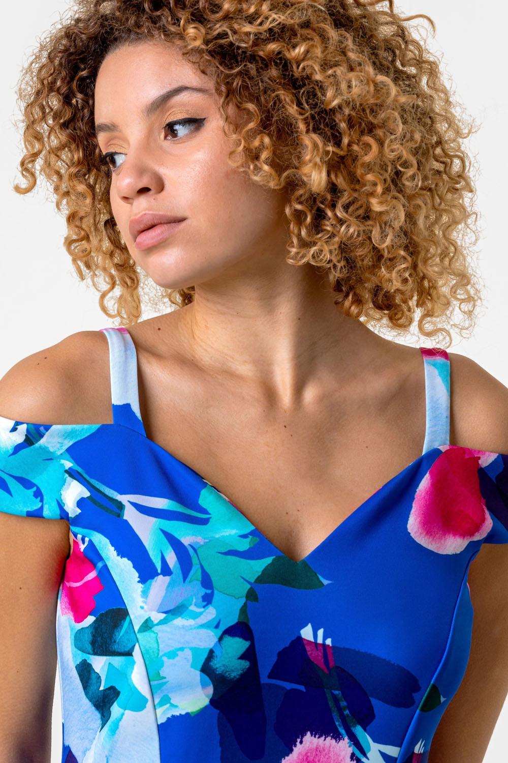 Royal Blue Cold Shoulder Floral Print Dress, Image 3 of 3