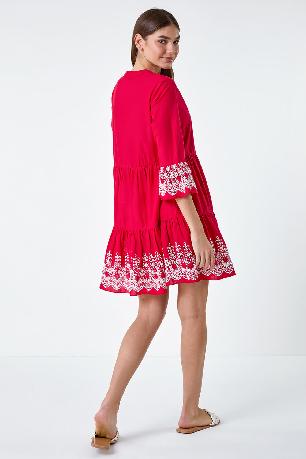 Red Embroidered Cotton Smock Dress, Image 3 of 5