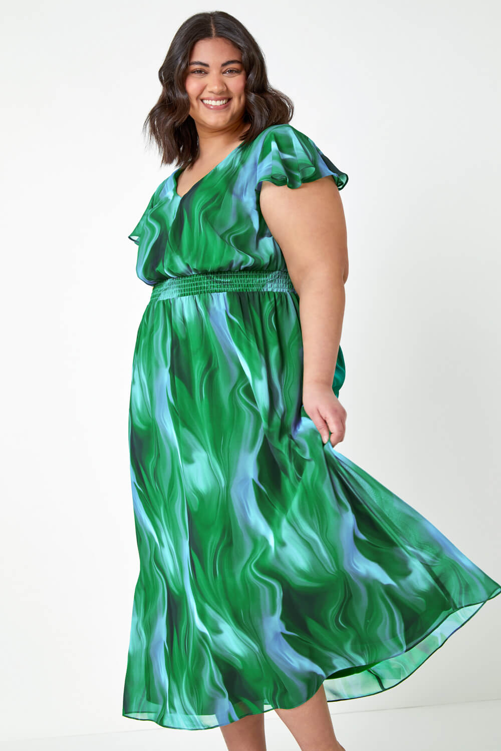 Green Curve Abstract Shirred Maxi Dress, Image 5 of 5