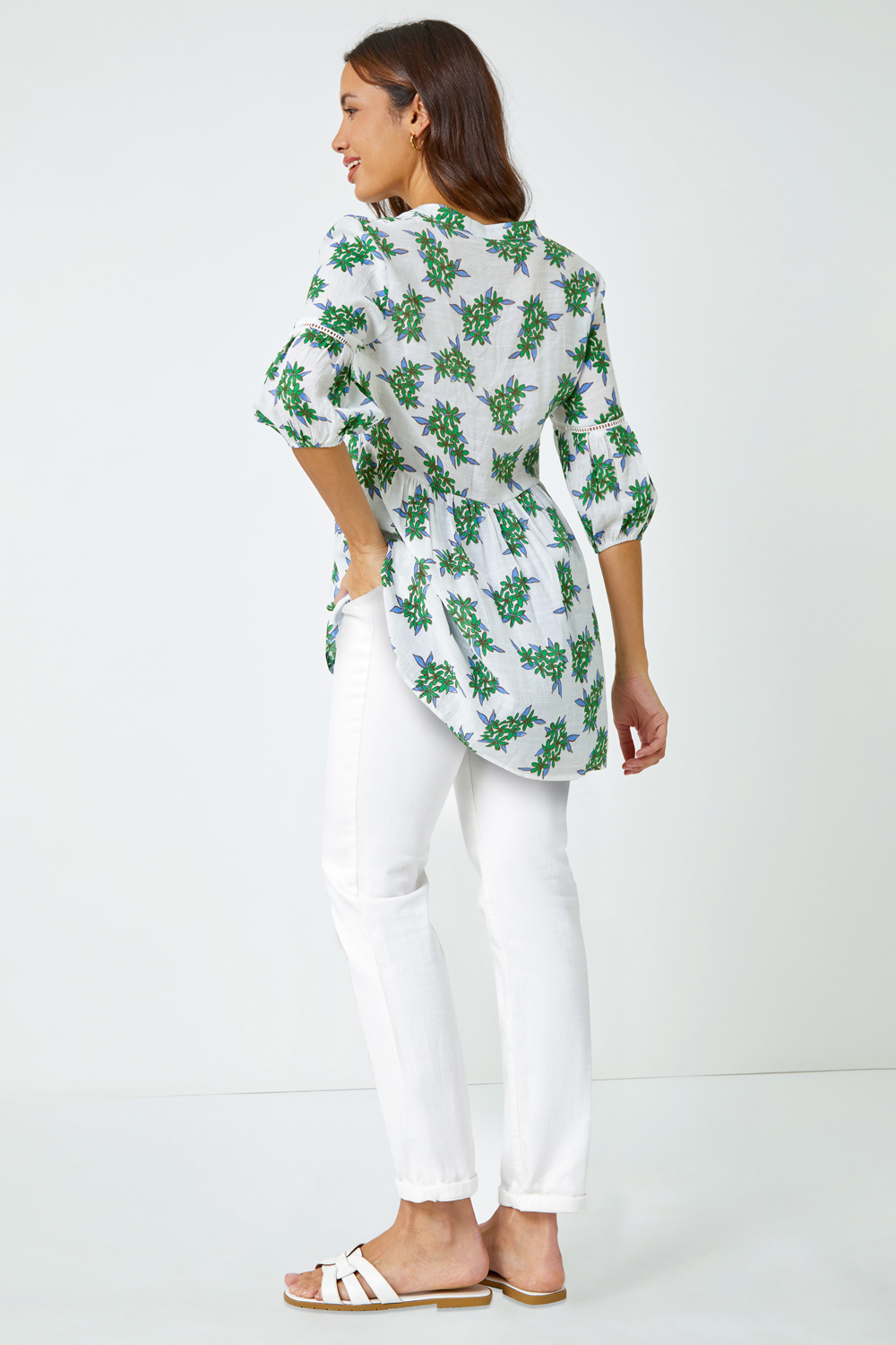 Green Floral Print Smock Tunic Top, Image 3 of 5