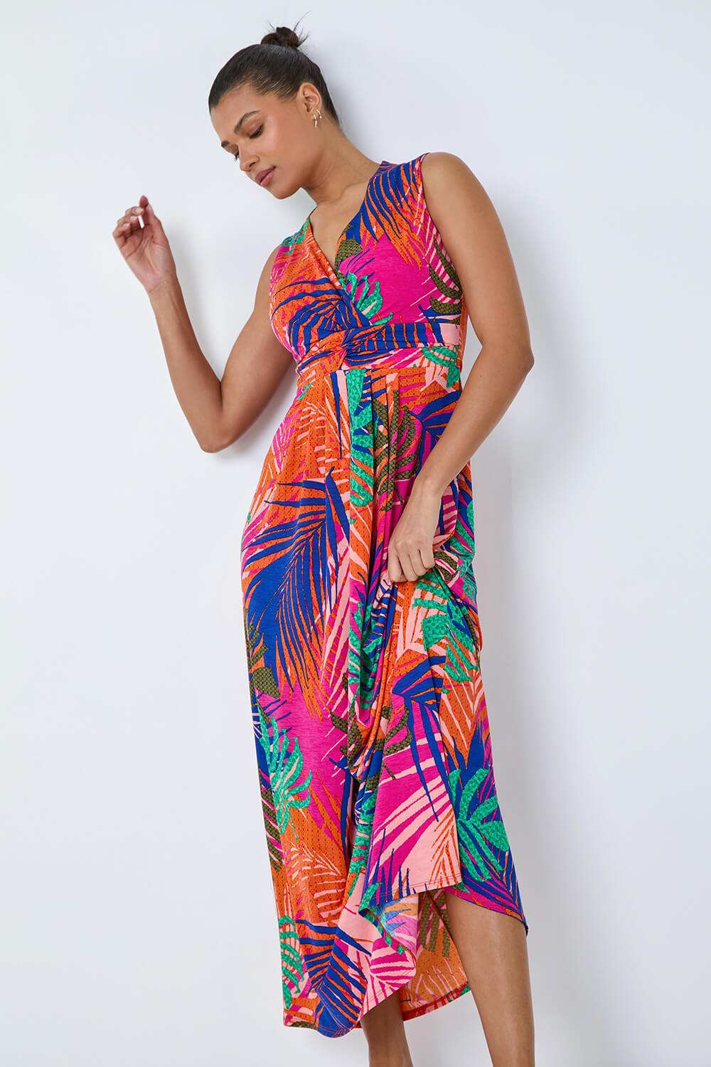 PINK Tropical Gathered Stretch Maxi Dress, Image 2 of 5