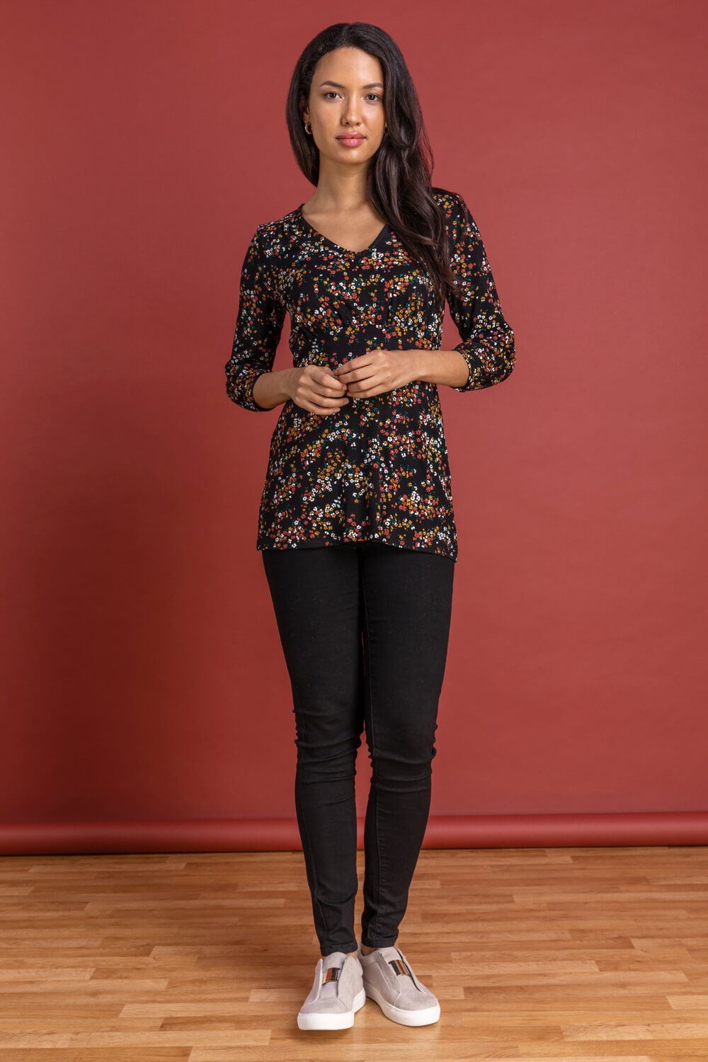 Rust Ditsy Floral Print Top, Image 3 of 5