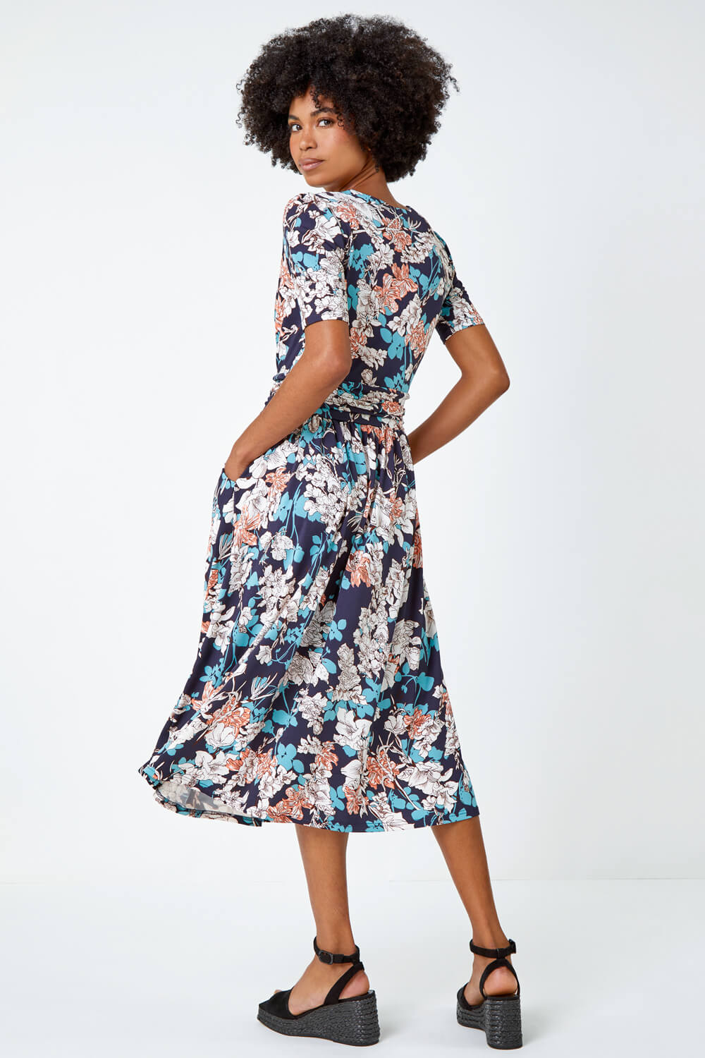 Teal Floral Print Ruched Waist Wrap Dress , Image 3 of 5