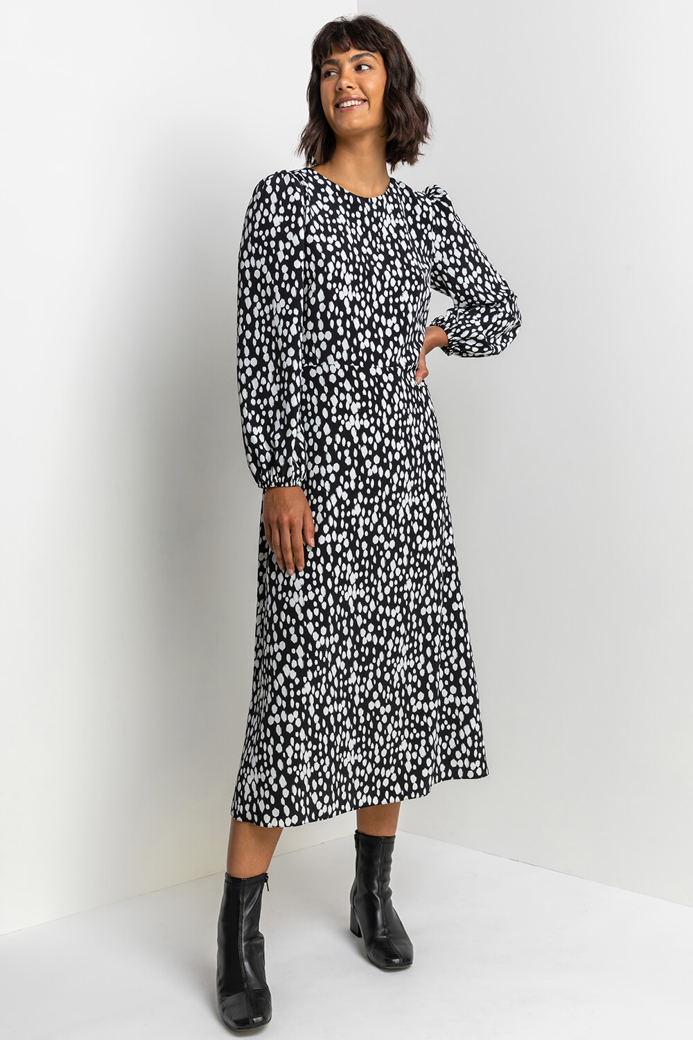 Black Spot Print Midi Dress, Image 3 of 5