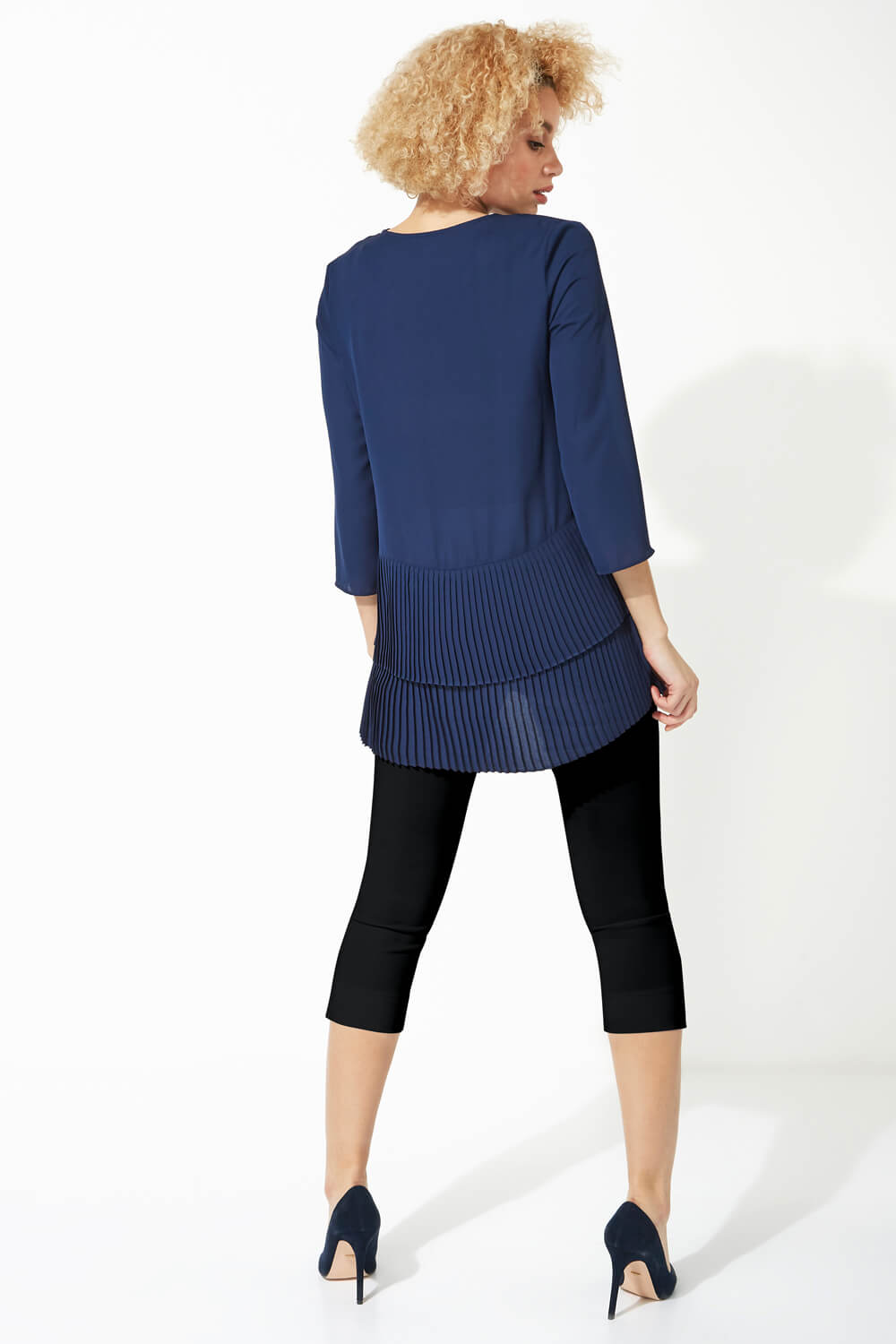 Navy  3/4 Sleeve Pleated Button Front Top, Image 3 of 4