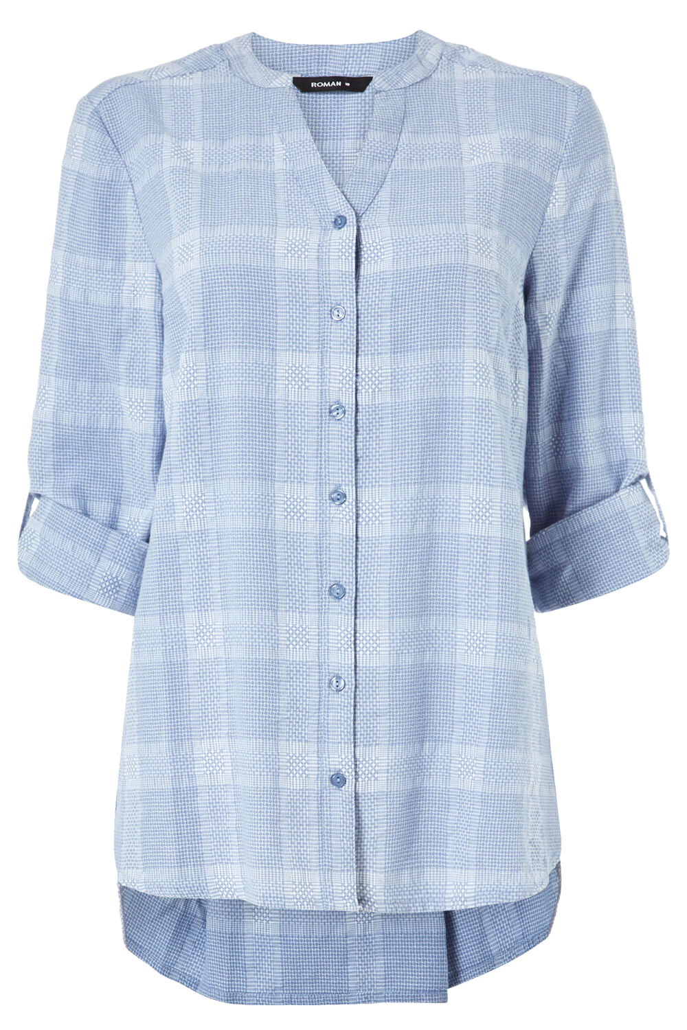 Blue Textured Check Print Wrap Back Shirt, Image 5 of 5