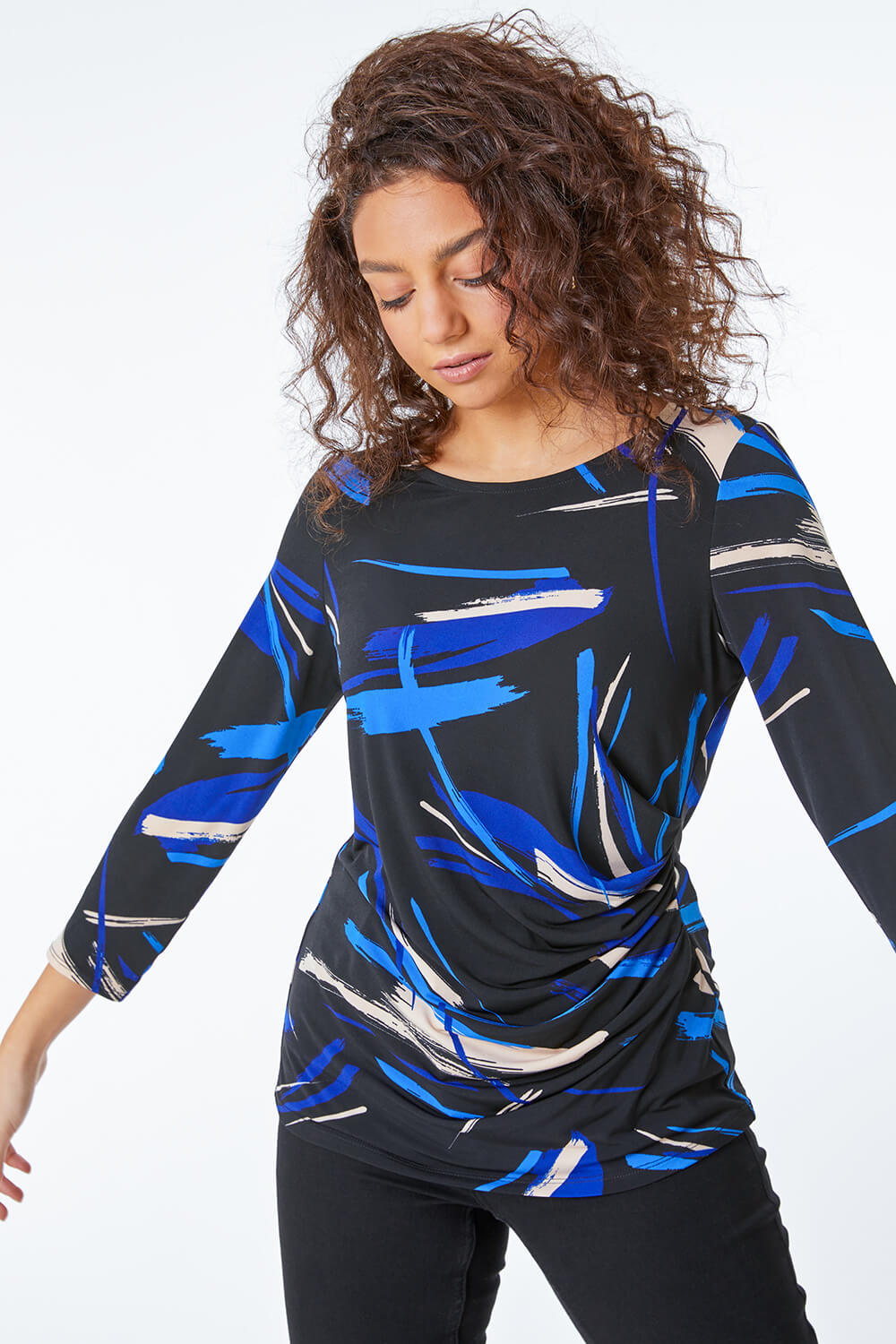 Royal Blue Petite Ruched Side Abstract Top, Image 2 of 5