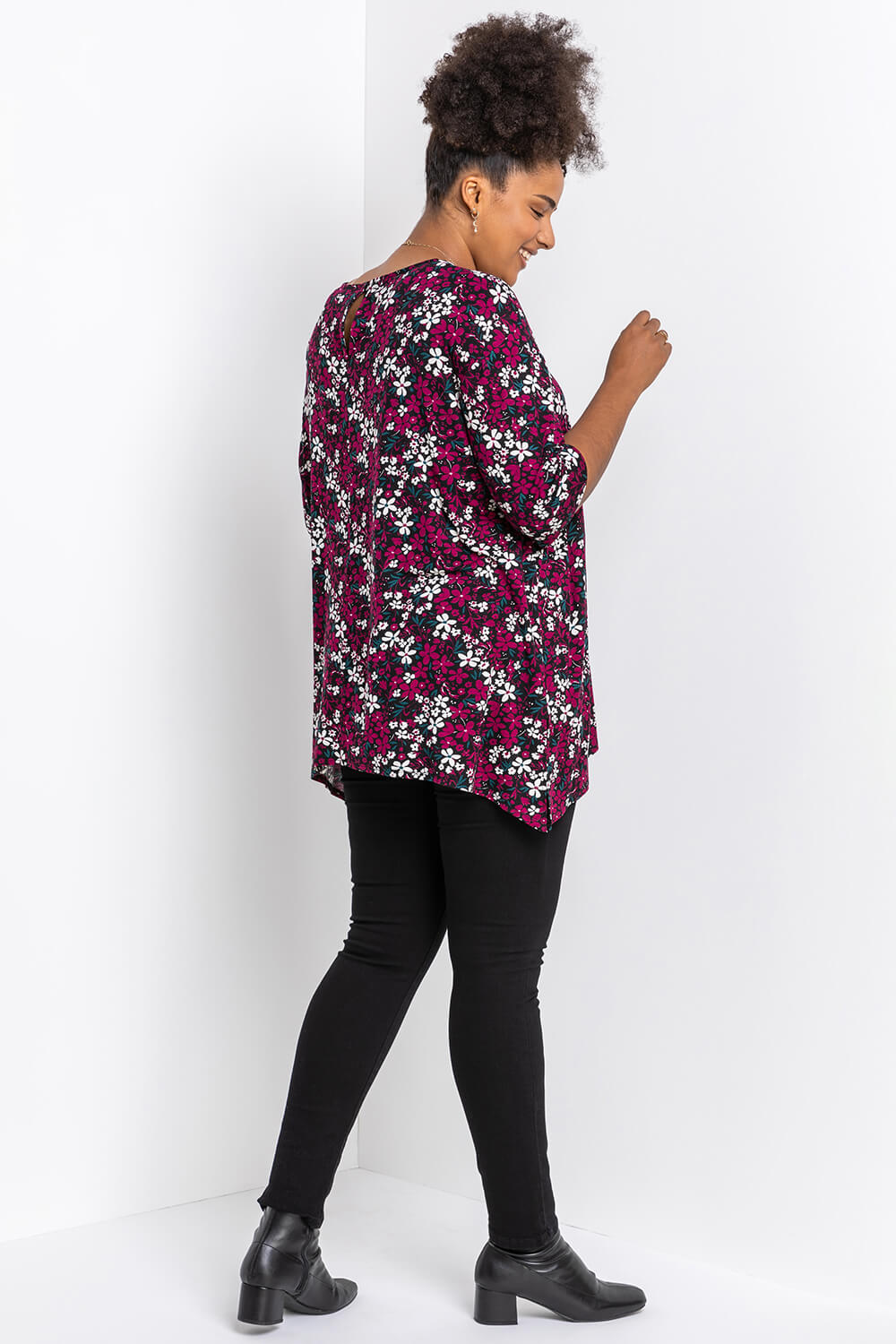 Maroon Curve Floral Print Tunic Top, Image 2 of 4
