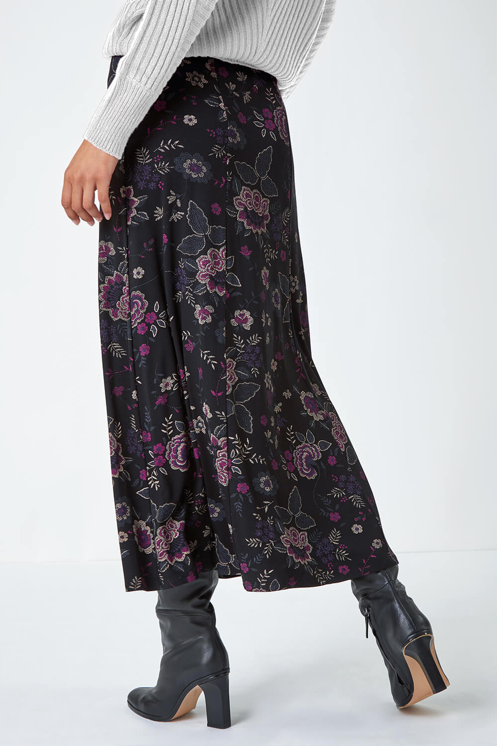 Black Floral Print Midi Stretch Skirt, Image 3 of 5