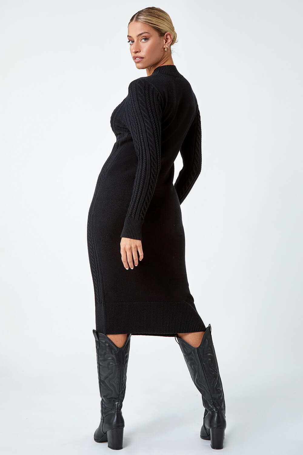 Black Cable Knit Midi Jumper Dress, Image 3 of 7