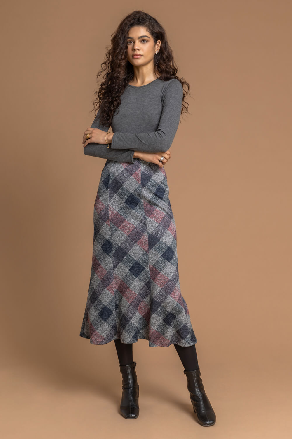 Grey Check Print Fluted Midi Skirt | Roman UK