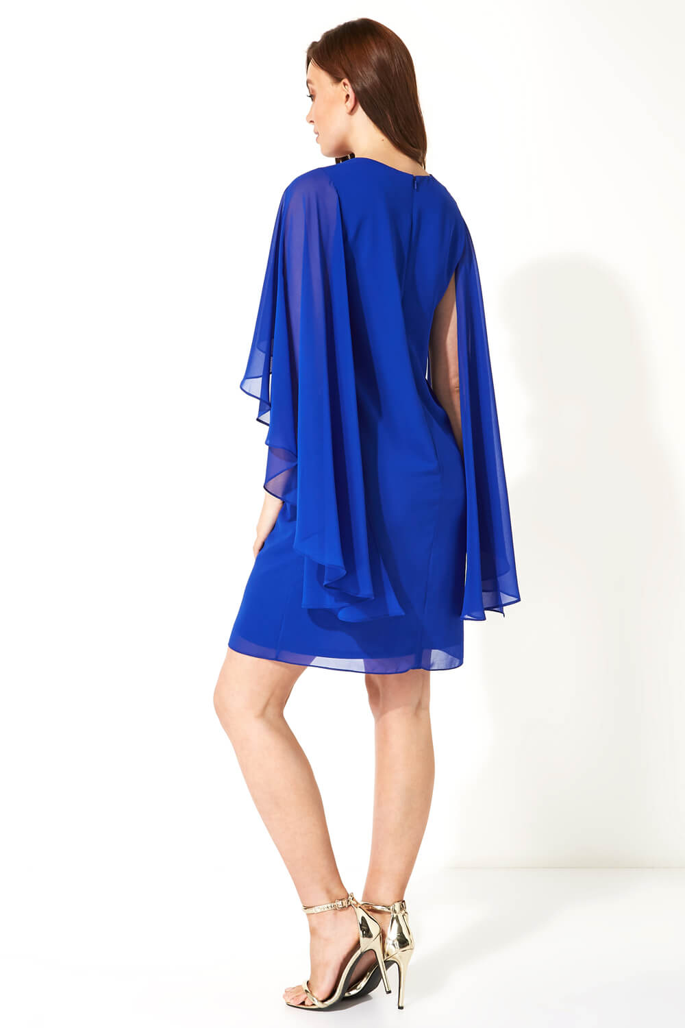 Royal Blue Chiffon Cape Sleeve Dress, Image 3 of 5